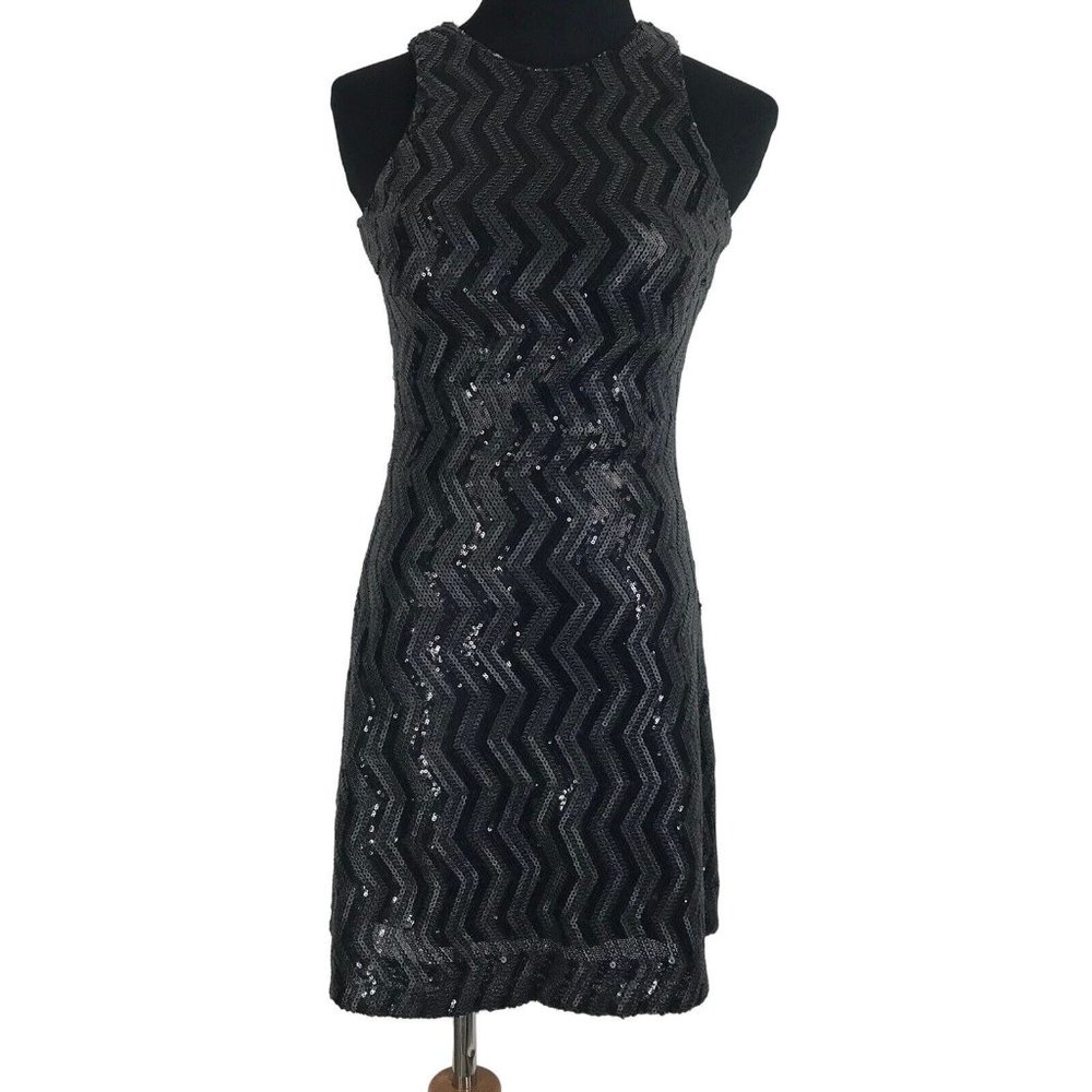 Dress The Population Dress‎ Womens Size XS Black Sequin Sleeveless Zig Zag Party